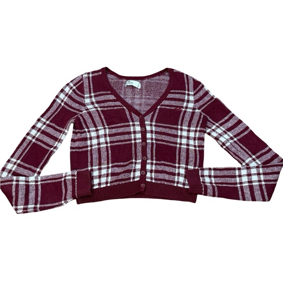 ♥️ Hollister Burgundy White Plaid Cropped Cardigan Size S - Picture 2 of 11